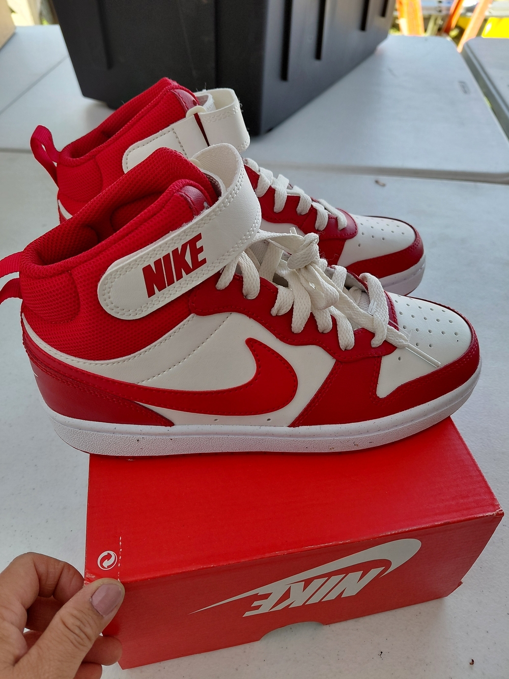 5Y Nike Kids Red and White Mid-Top Sneakers with Ankle Strap